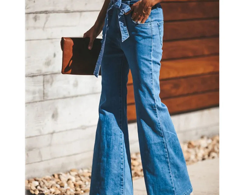 Blue Tie Waist Flare Jeans Women Slim Denim Trousers Vintage Clothes 2021 Spring High Pants Belted Stretchy Wide Leg - NEWYORKLISTED