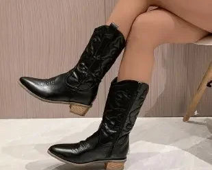 Fashion Women 2023 Cowboy Short Ankle Boots for Women Chunky Heel Cowgirl Boots Embroidered Mid Calf Western Boots Hot - NEWYORKLISTED
