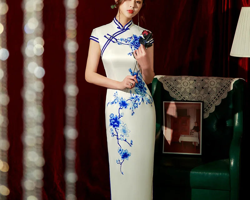 Yourqipao Spring Ice Silk Qipao Cheongsam Dress Three-Quarter Sleeves Long Modified Side Eight-Button Double-Layer Chinese Style - NEWYORKLISTED