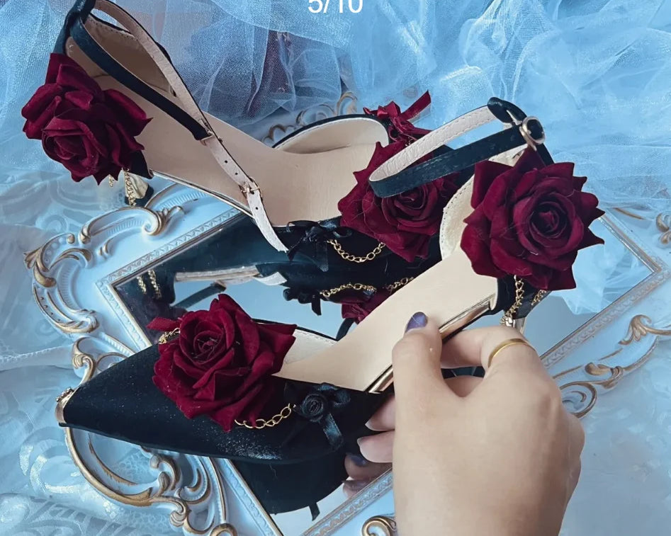 Black Red Gothic Lolita Shoe Wedding Lolita High Heels for Ladies Rose Pointed Toe Dress Shoes for Womenluxury Shoes Sss Grade - NEWYORKLISTED