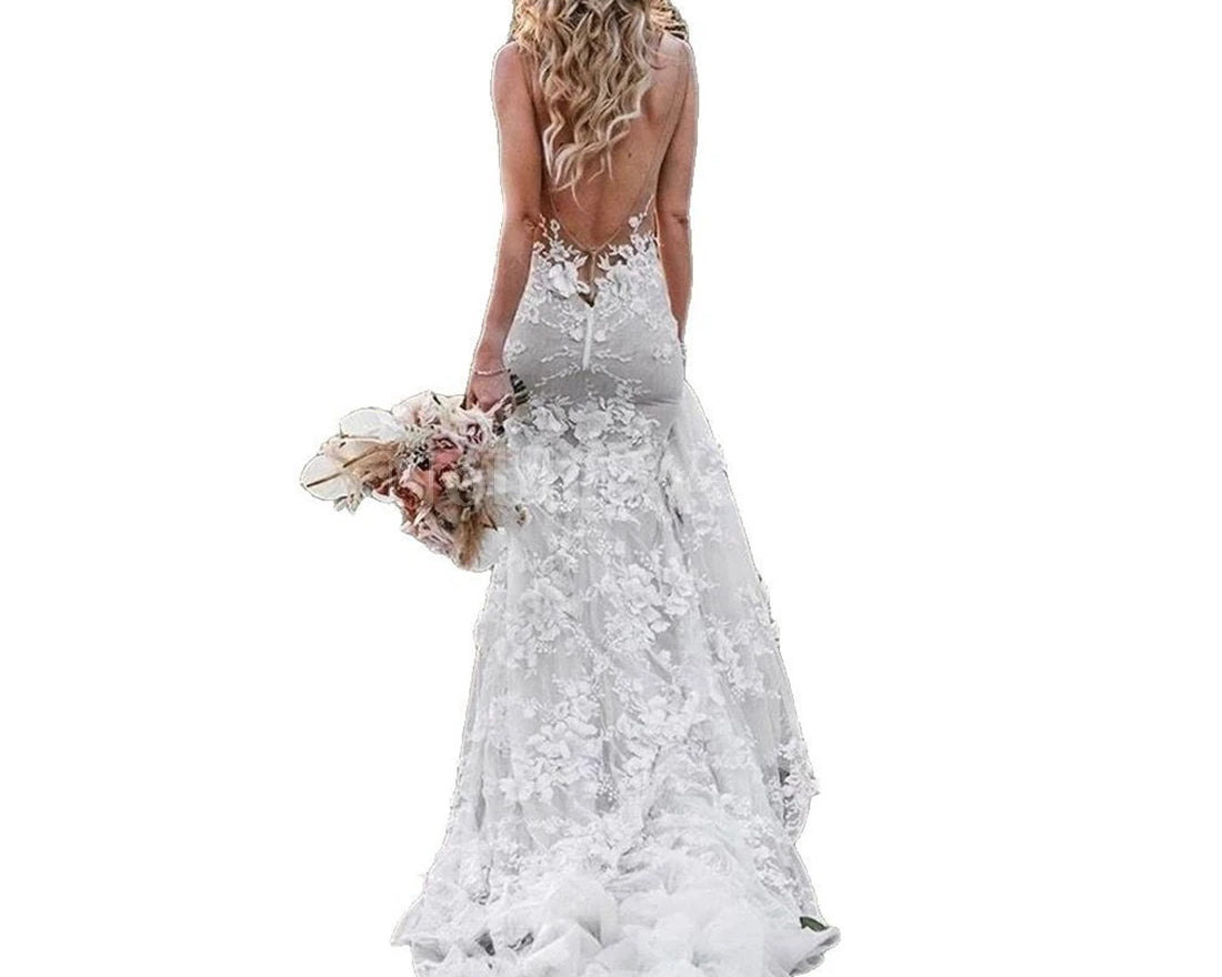 NEWYORKLISTED ELEGANT BRIDE COLLECTION: Lace V-Neck Illusion Backless Mermaid Wedding Gown - NEWYORKLISTED