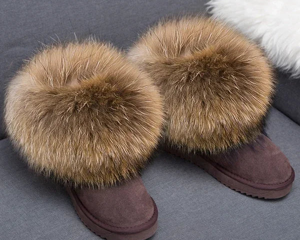 G&Zaco Luxury Winter Snow Boots Women Natural Real Fox Fur Boots Waterproof Genuine Suede Leather Boots Black Flat Short Boot - NEWYORKLISTED