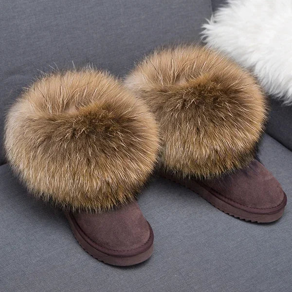 G&Zaco Luxury Winter Snow Boots Women Natural Real Fox Fur Boots Waterproof Genuine Suede Leather Boots Black Flat Short Boot - NEWYORKLISTED