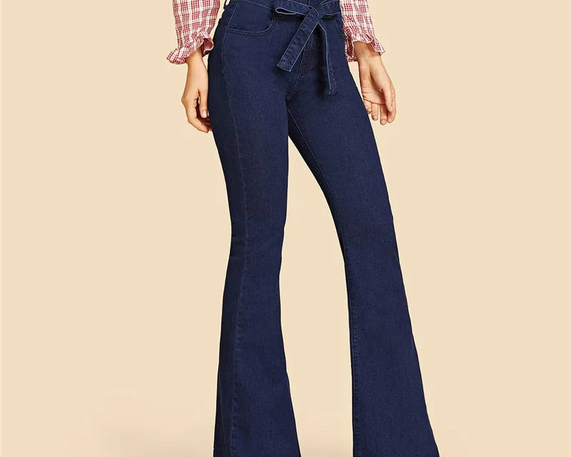 Blue Tie Waist Flare Jeans Women Slim Denim Trousers Vintage Clothes 2021 Spring High Pants Belted Stretchy Wide Leg - NEWYORKLISTED