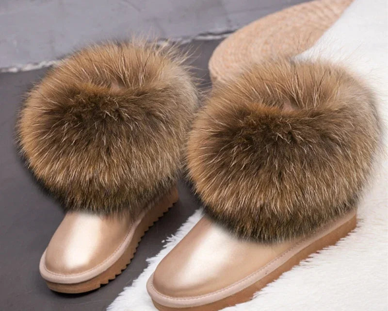 G&Zaco Luxury Winter Snow Boots Women Natural Real Fox Fur Boots Waterproof Genuine Suede Leather Boots Black Flat Short Boot - NEWYORKLISTED