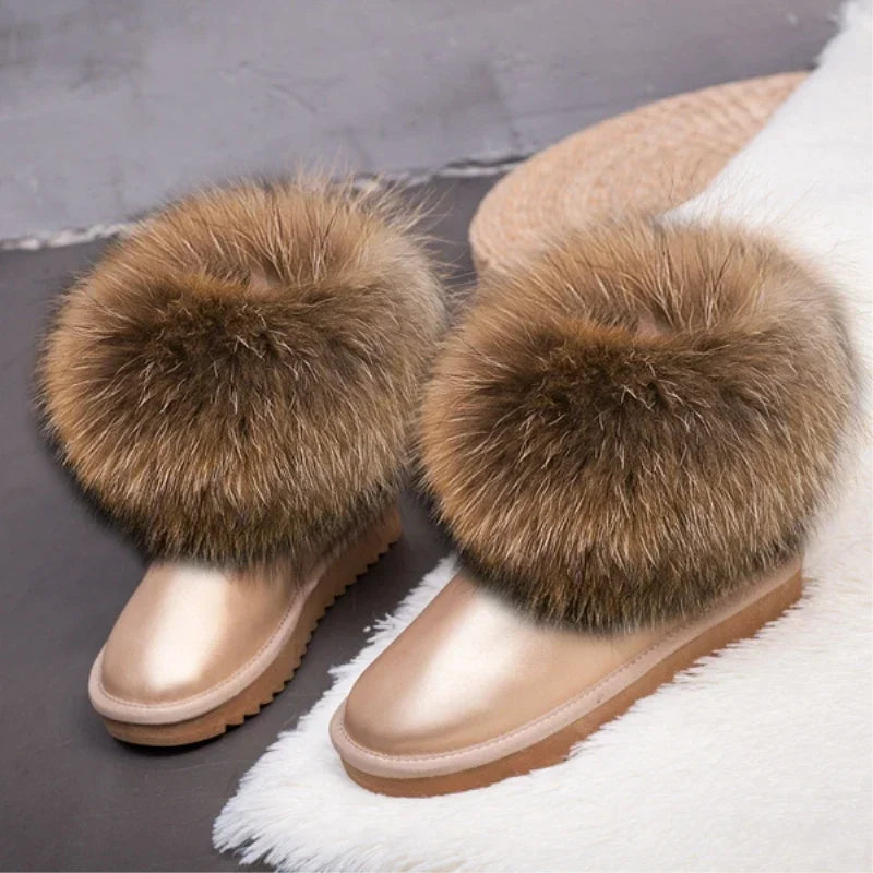 G&Zaco Luxury Winter Snow Boots Women Natural Real Fox Fur Boots Waterproof Genuine Suede Leather Boots Black Flat Short Boot - NEWYORKLISTED