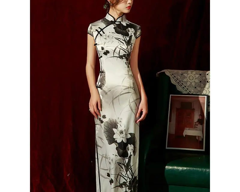 Yourqipao Spring Ice Silk Qipao Cheongsam Dress Three-Quarter Sleeves Long Modified Side Eight-Button Double-Layer Chinese Style - NEWYORKLISTED