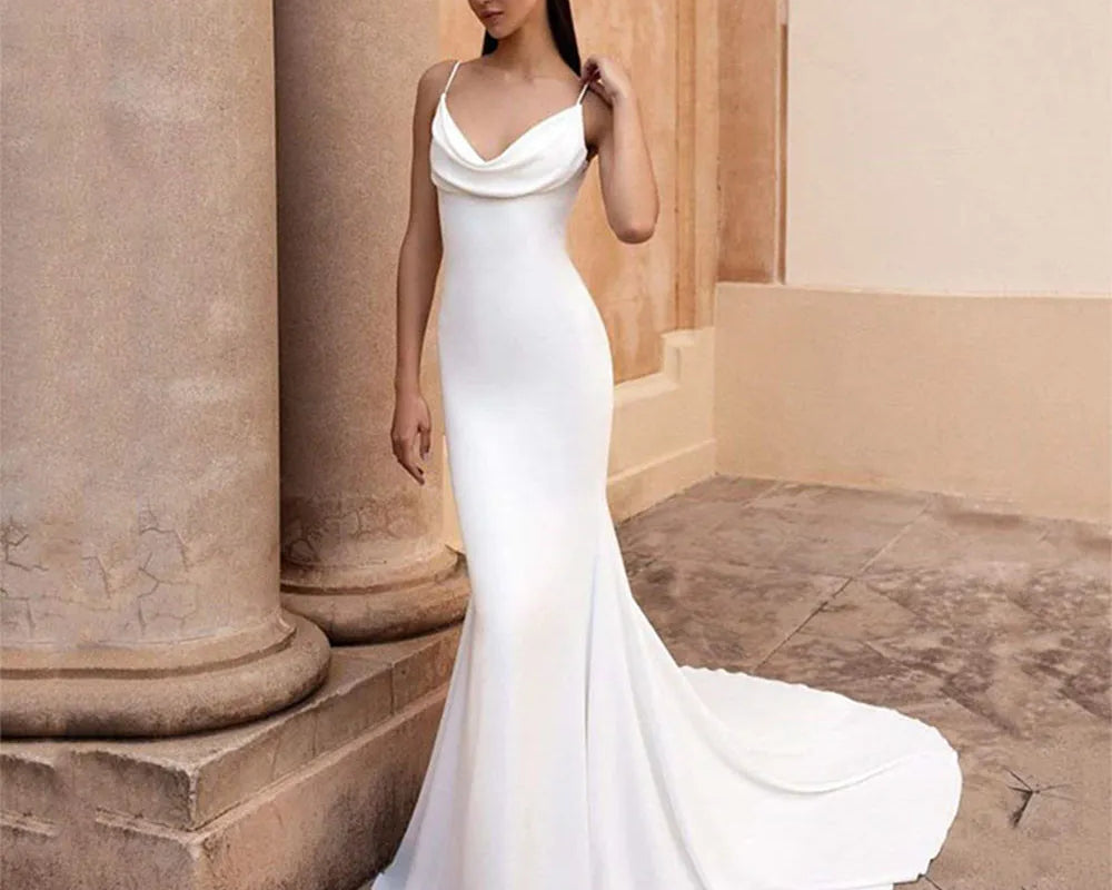 Simple Mermaid Wedding Dress White Satin Cowl Neck Sexy Spaghetti Strap Beach Bridal Gown Long Train Buttons Vestidos Customized - NEWYORKLISTED