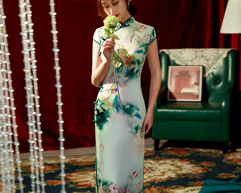 Yourqipao Spring Ice Silk Qipao Cheongsam Dress Three-Quarter Sleeves Long Modified Side Eight-Button Double-Layer Chinese Style - NEWYORKLISTED