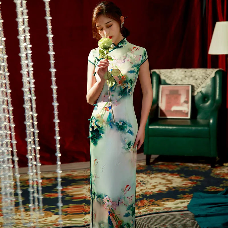 Yourqipao Spring Ice Silk Qipao Cheongsam Dress Three-Quarter Sleeves Long Modified Side Eight-Button Double-Layer Chinese Style - NEWYORKLISTED