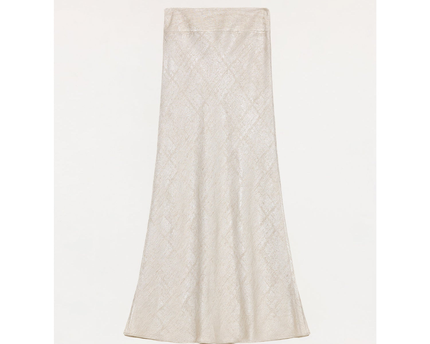 Long, light-colored skirt with a subtle pattern on a white background
