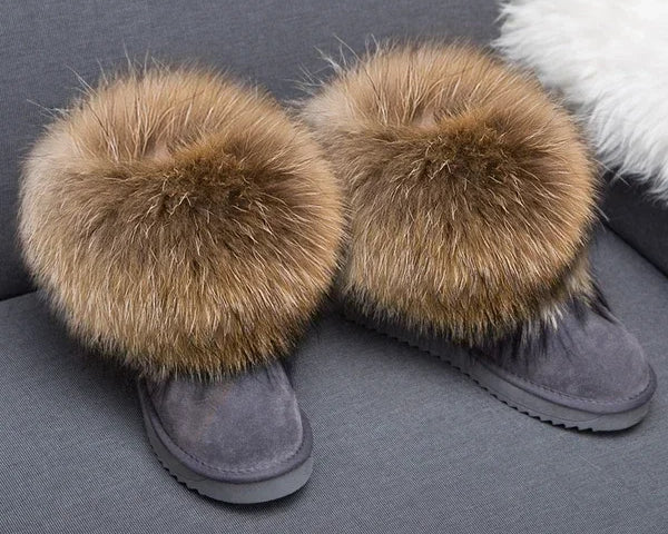 G&Zaco Luxury Winter Snow Boots Women Natural Real Fox Fur Boots Waterproof Genuine Suede Leather Boots Black Flat Short Boot - NEWYORKLISTED