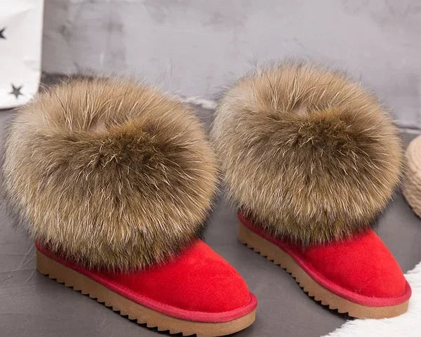 G&Zaco Luxury Winter Snow Boots Women Natural Real Fox Fur Boots Waterproof Genuine Suede Leather Boots Black Flat Short Boot - NEWYORKLISTED