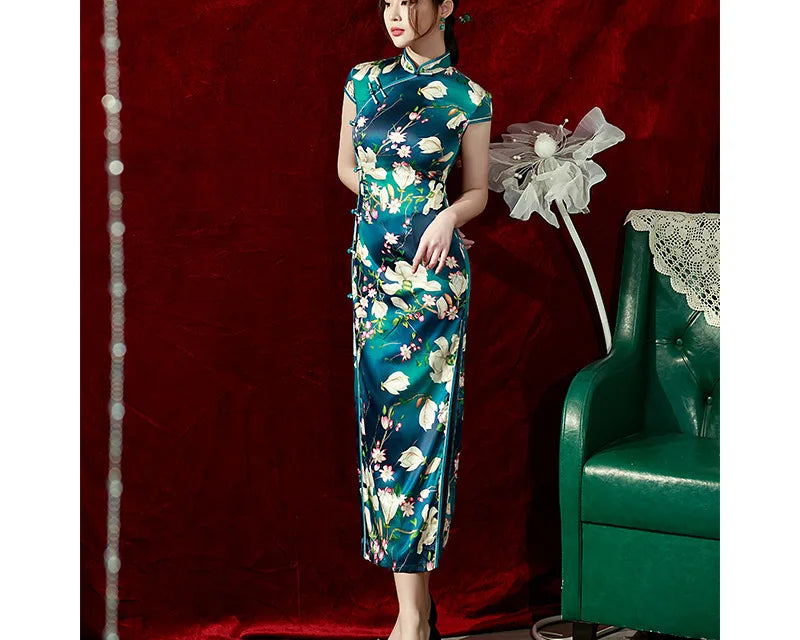 Yourqipao Spring Ice Silk Qipao Cheongsam Dress Three-Quarter Sleeves Long Modified Side Eight-Button Double-Layer Chinese Style - NEWYORKLISTED