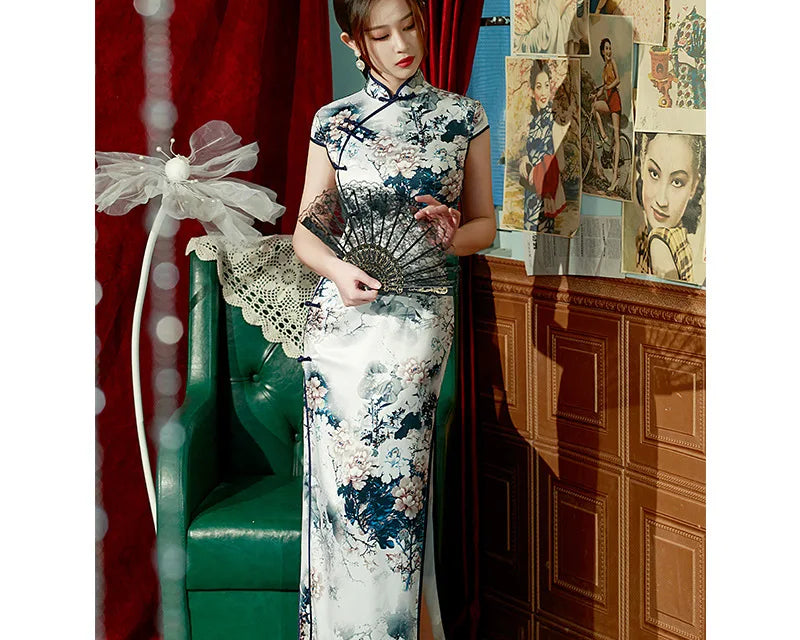 Yourqipao Spring Ice Silk Qipao Cheongsam Dress Three-Quarter Sleeves Long Modified Side Eight-Button Double-Layer Chinese Style - NEWYORKLISTED