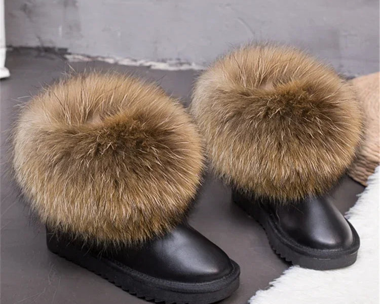 G&Zaco Luxury Winter Snow Boots Women Natural Real Fox Fur Boots Waterproof Genuine Suede Leather Boots Black Flat Short Boot - NEWYORKLISTED