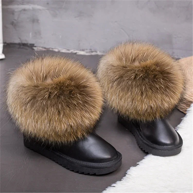 G&Zaco Luxury Winter Snow Boots Women Natural Real Fox Fur Boots Waterproof Genuine Suede Leather Boots Black Flat Short Boot - NEWYORKLISTED