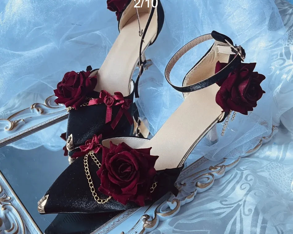 Black Red Gothic Lolita Shoe Wedding Lolita High Heels for Ladies Rose Pointed Toe Dress Shoes for Womenluxury Shoes Sss Grade - NEWYORKLISTED
