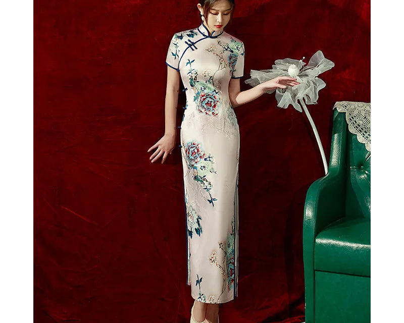 Yourqipao Spring Ice Silk Qipao Cheongsam Dress Three-Quarter Sleeves Long Modified Side Eight-Button Double-Layer Chinese Style - NEWYORKLISTED