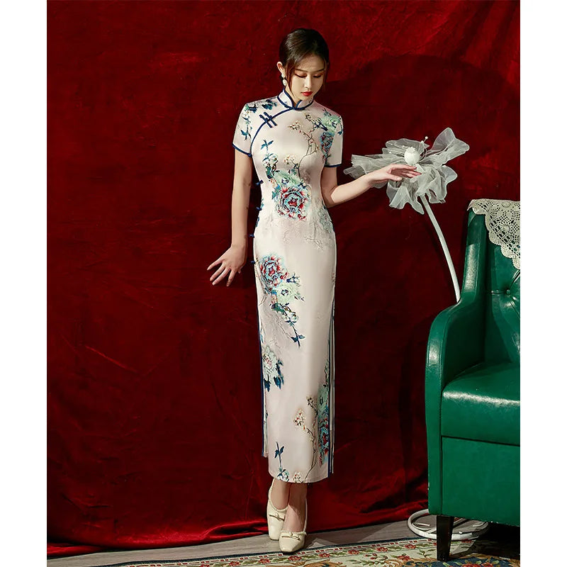 Yourqipao Spring Ice Silk Qipao Cheongsam Dress Three-Quarter Sleeves Long Modified Side Eight-Button Double-Layer Chinese Style - NEWYORKLISTED