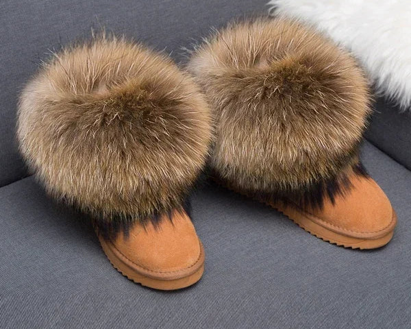 G&Zaco Luxury Winter Snow Boots Women Natural Real Fox Fur Boots Waterproof Genuine Suede Leather Boots Black Flat Short Boot - NEWYORKLISTED