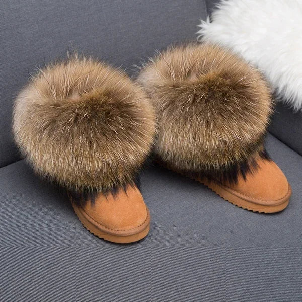 G&Zaco Luxury Winter Snow Boots Women Natural Real Fox Fur Boots Waterproof Genuine Suede Leather Boots Black Flat Short Boot - NEWYORKLISTED