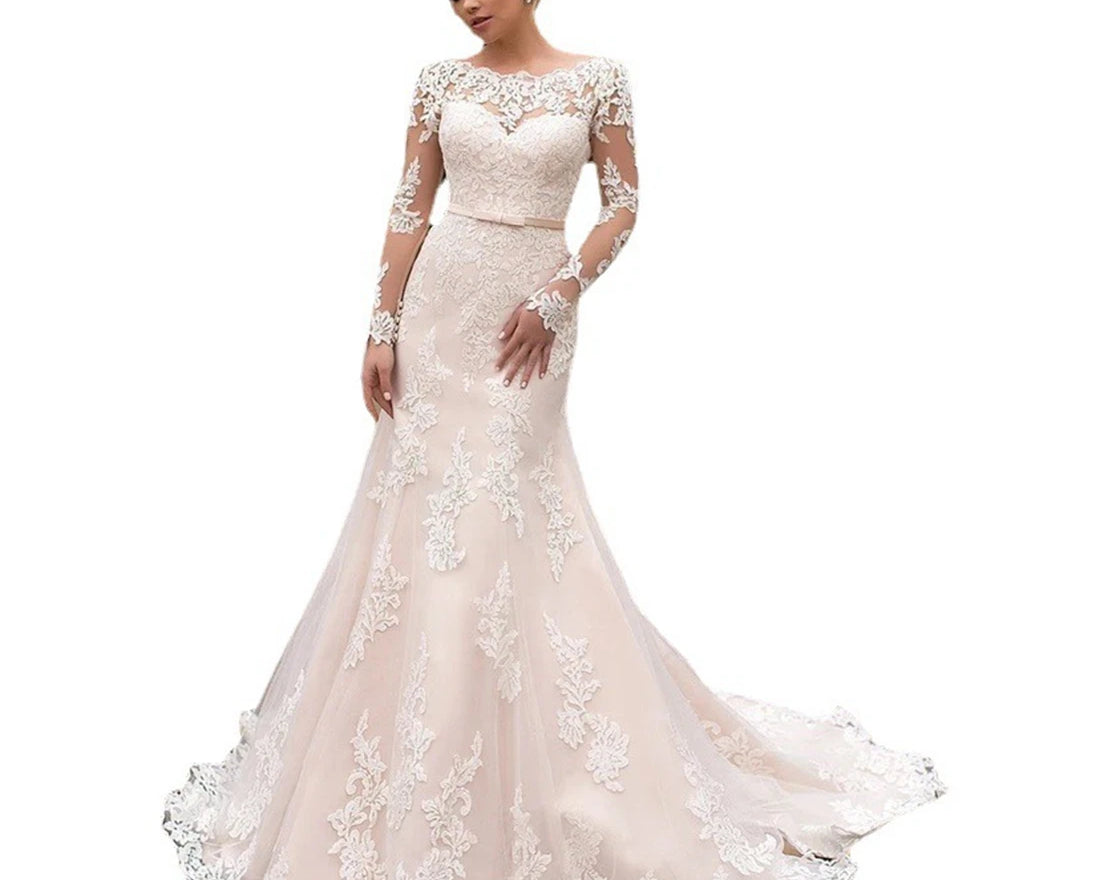 White lace wedding dress on a white background