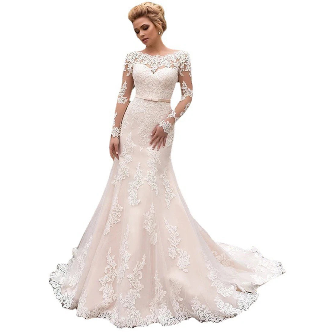 White lace wedding dress on a white background