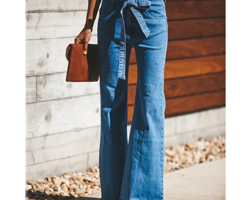 Blue Tie Waist Flare Jeans Women Slim Denim Trousers Vintage Clothes 2021 Spring High Pants Belted Stretchy Wide Leg - NEWYORKLISTED