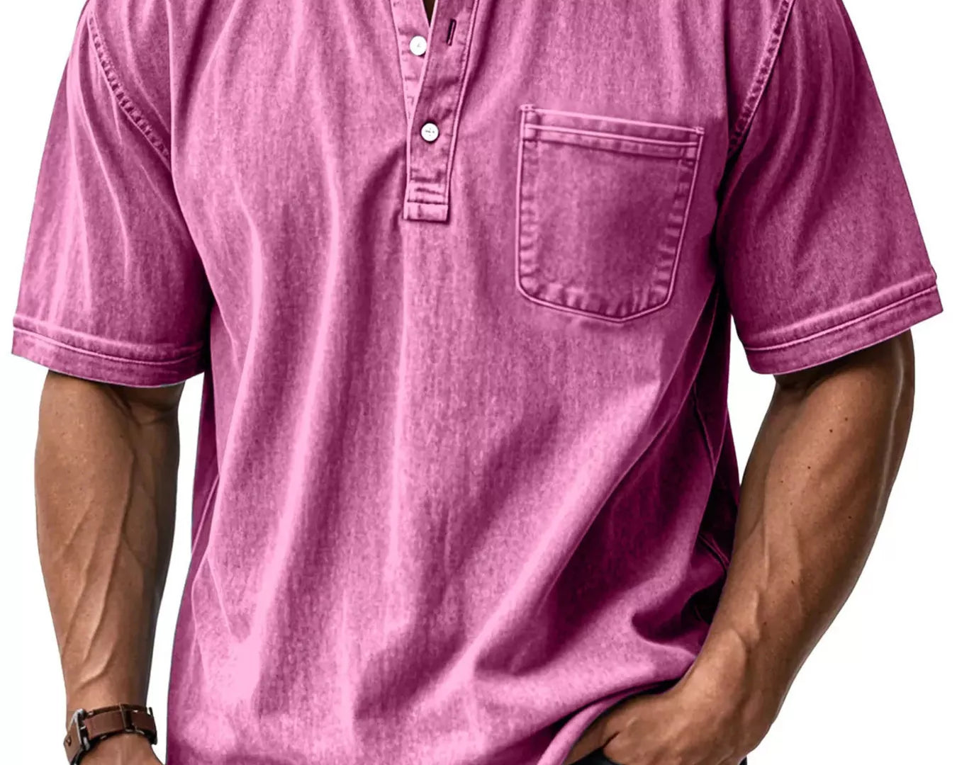 NEWYORKLISTED ATLAS MEN'S COLLECTION: Man wearing a pink short-sleeve shirt with a pocket on a white background
