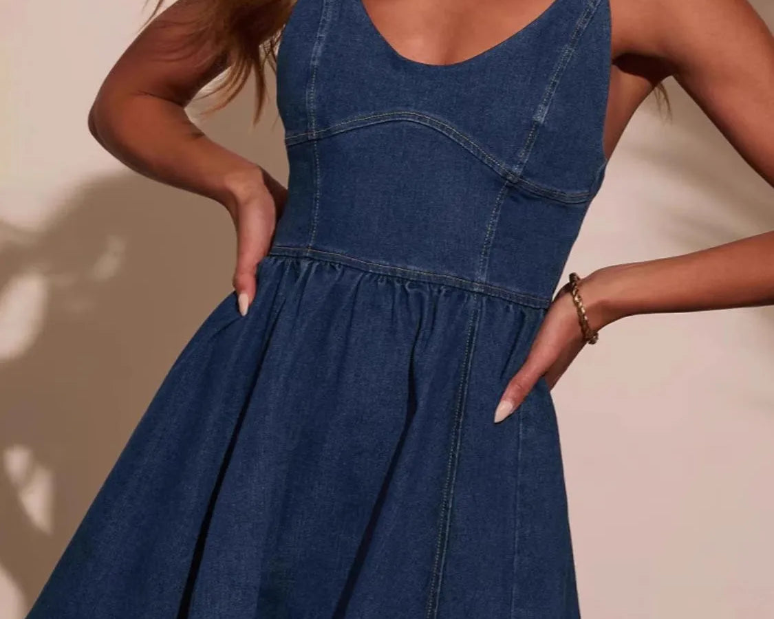 NEWYORKLISTED STYLE COLLECTION: Smocked Back Adjustable Strap Denim Mini Dress