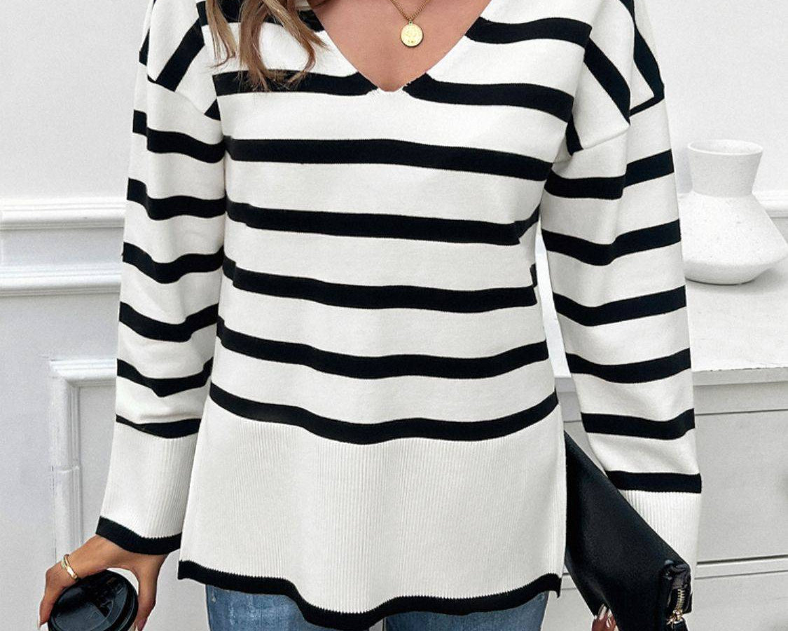 NYLD Striped V-Neck Long Sleeve Knit Top - NEWYORKLISTED