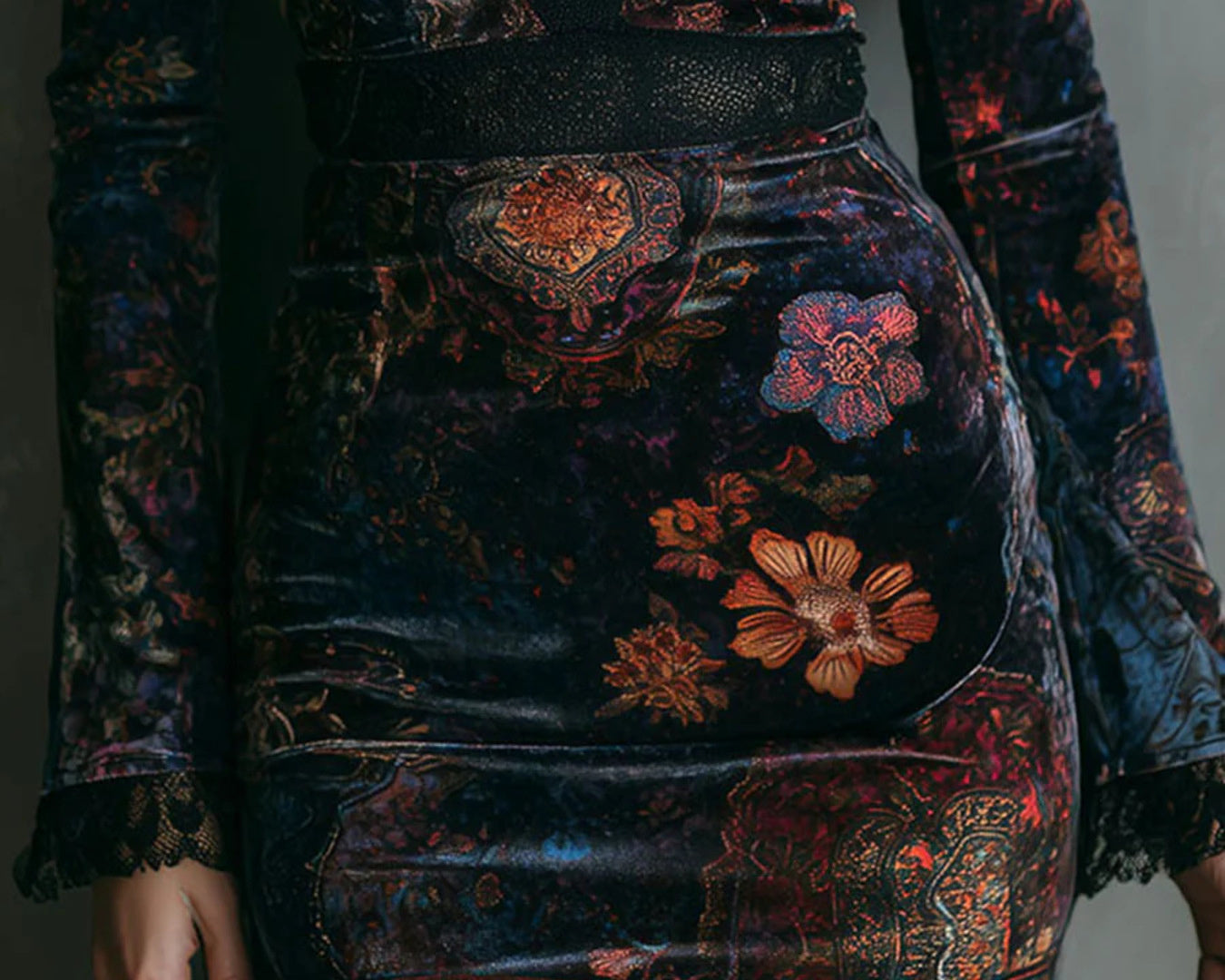 NEWYORKLISTED STYLE COLLECTION: Patterned dress with long sleeves and floral designs on a plain background