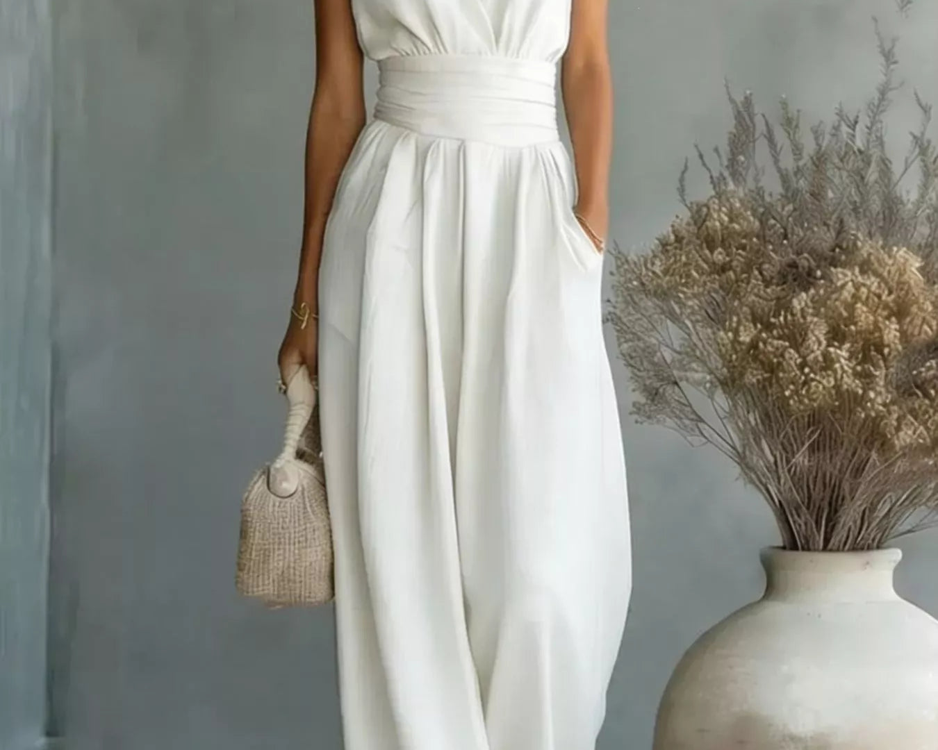 NEWYORKLISTED STYLE COLLECTION: Woman wearing a white sleeveless dress standing in a room with a vase and dried plants.