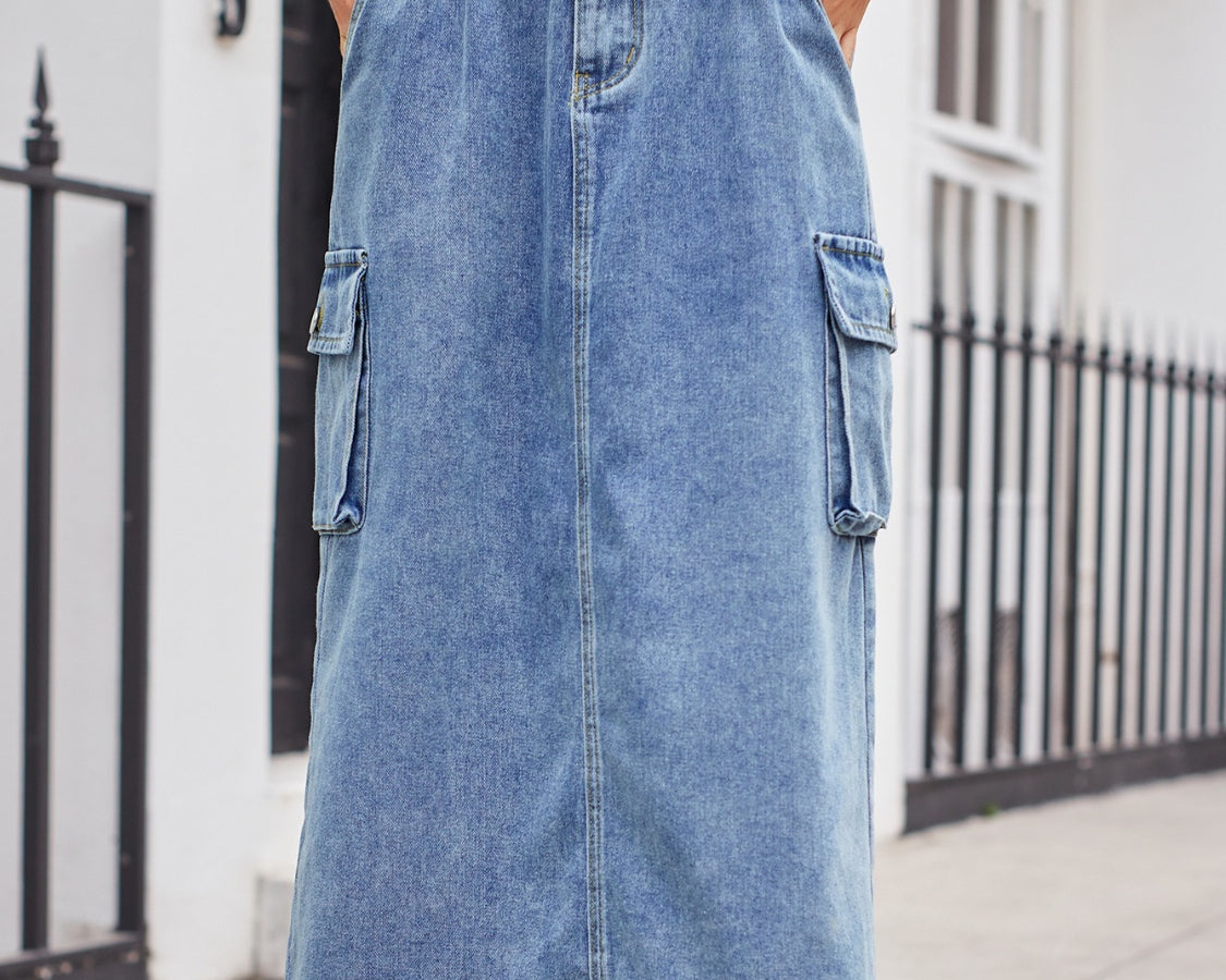 Slit Buttoned Denim Skirt with Pockets - NEWYORKLISTED