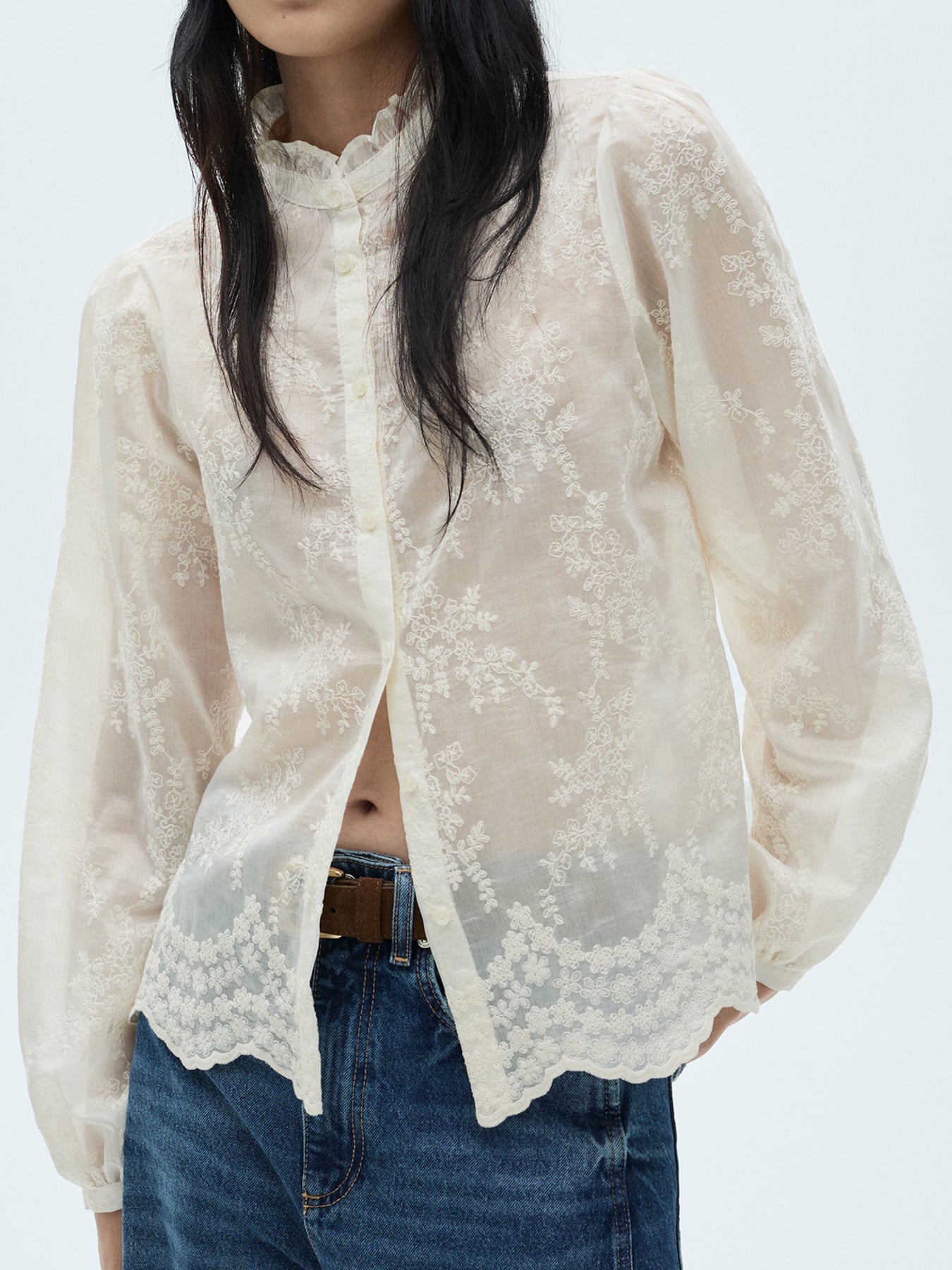 Woman wearing NEWYORKLISTED STYLE COLLECTION lace sheer long sleeve button-front shirt styled as an elegant feminine fashion blouse