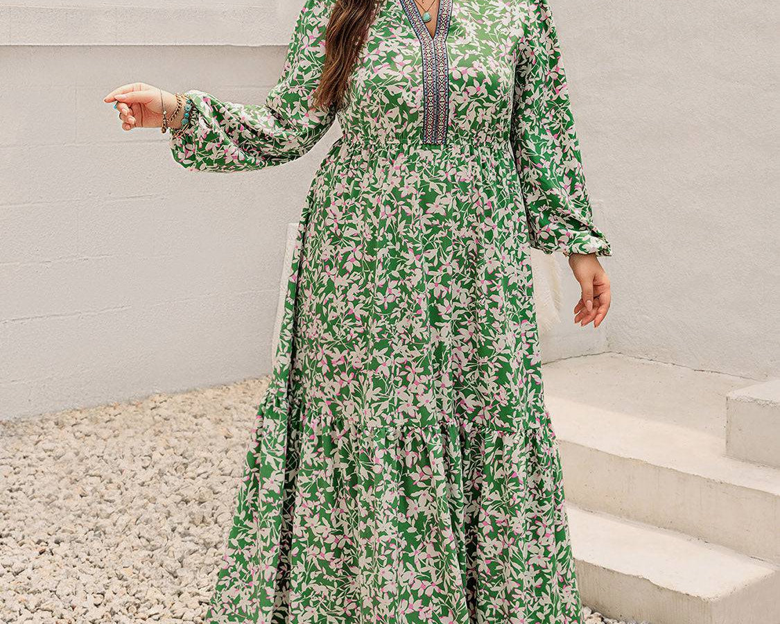 Plus Size Printed Notched Long Sleeve Maxi Dress - NEWYORKLISTED