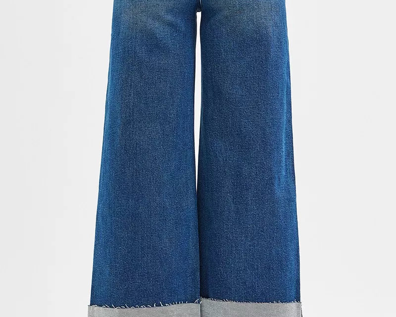 NEWYORKLISTED STYLE COLLECTION: Blue wide-leg jeans with gray hem on a white background