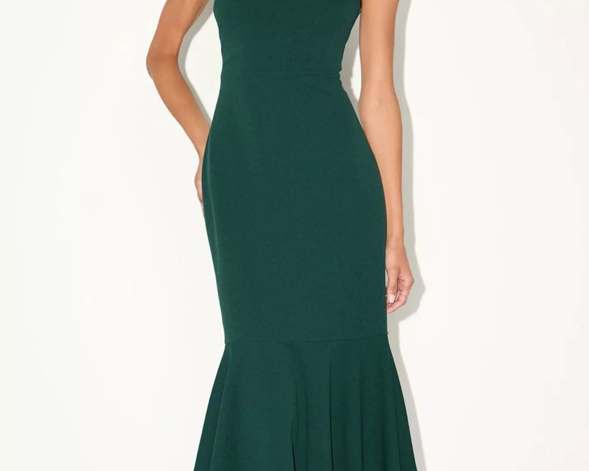 NEWYORKLISTED STYLE COLLECTION: A woman modeling a dark green sleeveless midi dress with a square neckline, fitted silhouette, and flared ruffled hem against a plain white studio background.