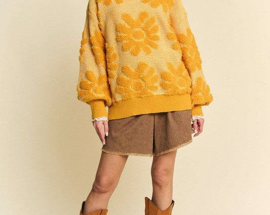 NEWYORKLISTED STYLE COLLECTION: Flower Texture Dropped Shoulder Sweater - NEWYORKLISTED