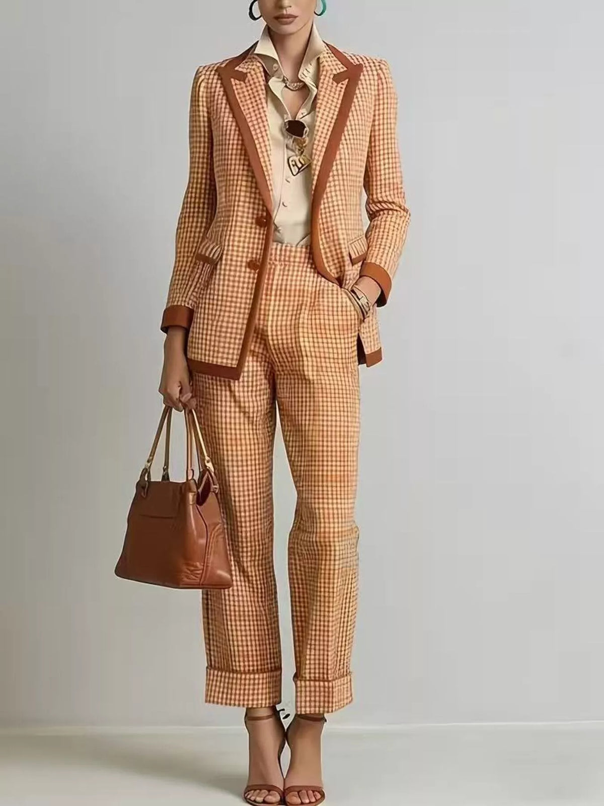 NEWYORKLISTED STYLE COLLECTION: A model wears a matching orange and beige checkered blazer and cropped trousers suit with brown leather trim, styled with a cream shirt, sunglasses, a brown leather handbag, and brown strappy heels against a light gray studio background.
