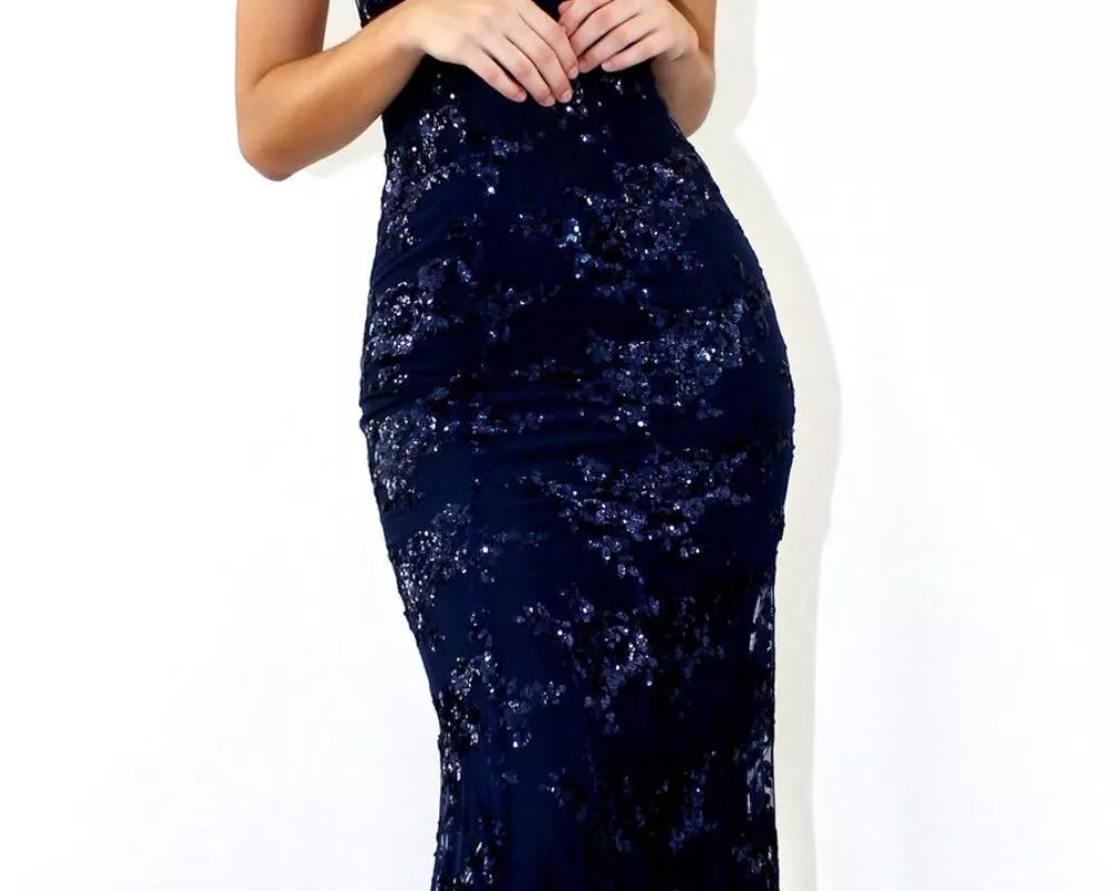 NEWYORKLISTED STYLE COLLECTION: Navy blue sequin dress on a white background