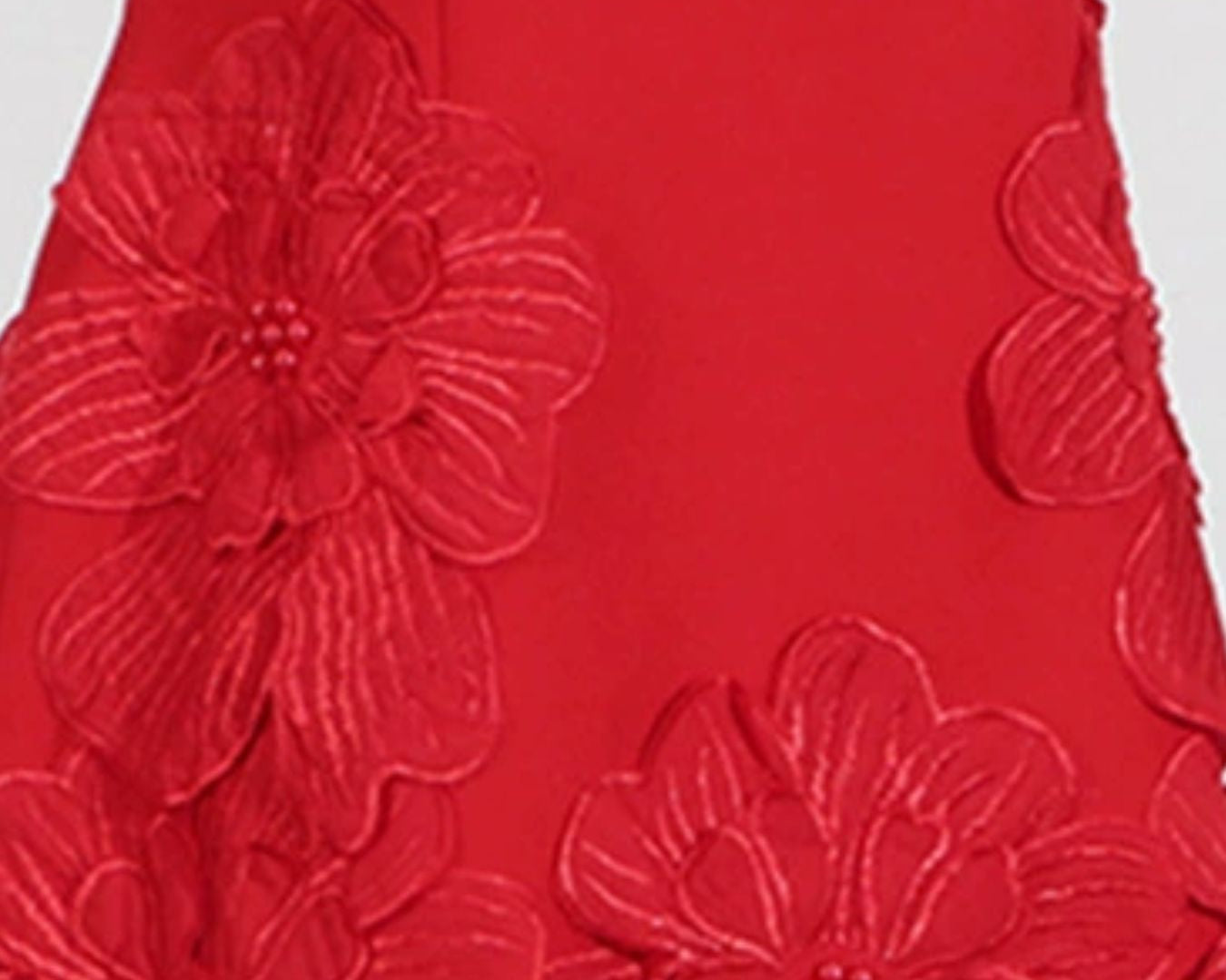 NEWYORKLISTED STYLE COLLECTION: Red fabric with floral embroidery on a white background