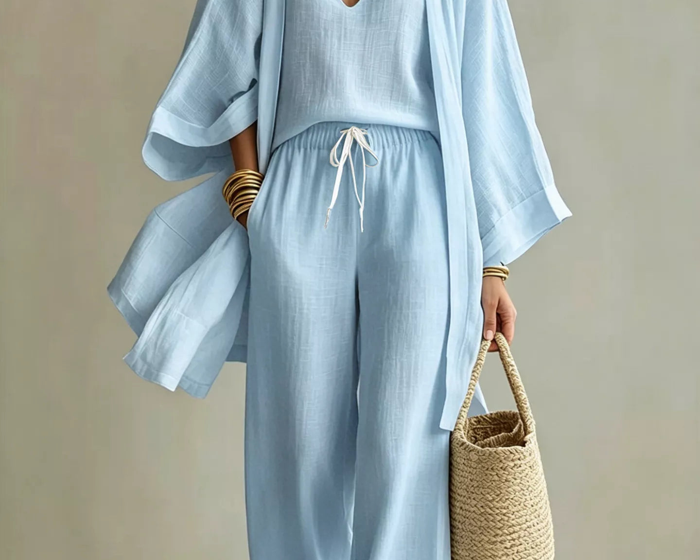 NEWYORKLISTED STYLE COLLECTION: Woman wearing a light blue outfit with a beige background