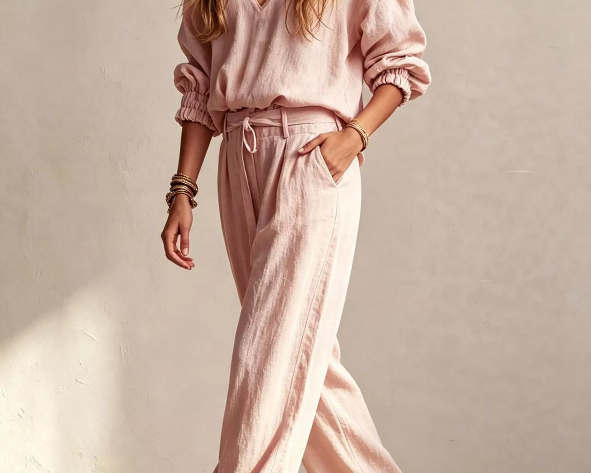 NEWYORKLISTED STYLE COLLECTION: A woman models a matching dusty pink two-piece linen set consisting of a V-neck long-sleeve top and wide-leg drawstring pants, styled with black sandals against a textured beige wall.