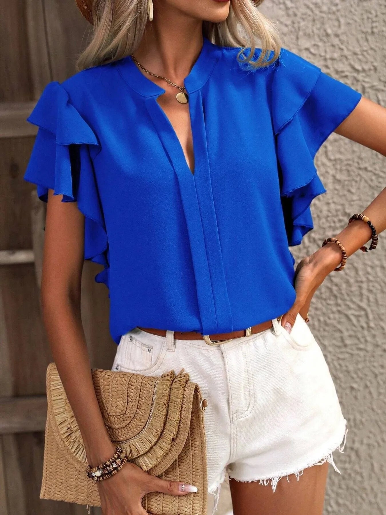NEWYORKLISTED STYLE COLLECTION: Ruffle Sleeve Notched Blouse – Feminine Flair Meets Everyday Versatility in Blue