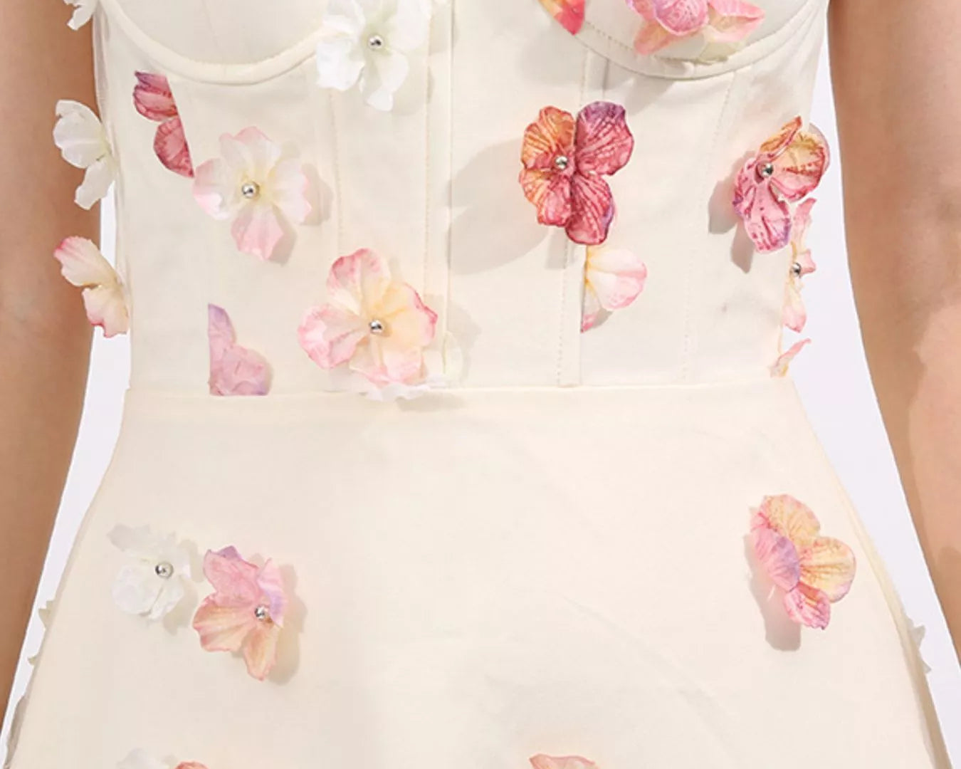 NEWYORKLISTED STYLE COLLECTION: White strapless dress with floral embellishments on a white background