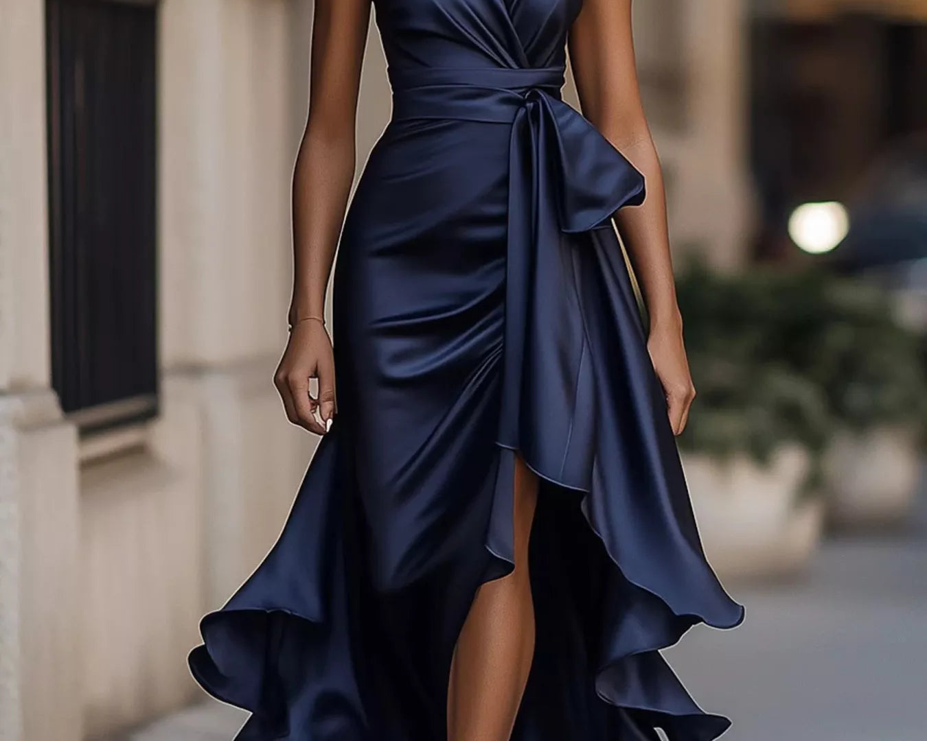 NEWYORKLISTED STYLE COLLECTION: Woman wearing a navy blue dress with a high-low hem on a city street.