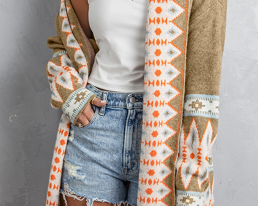 Geometric Open Front Long Sleeve Cardigan - NEWYORKLISTED