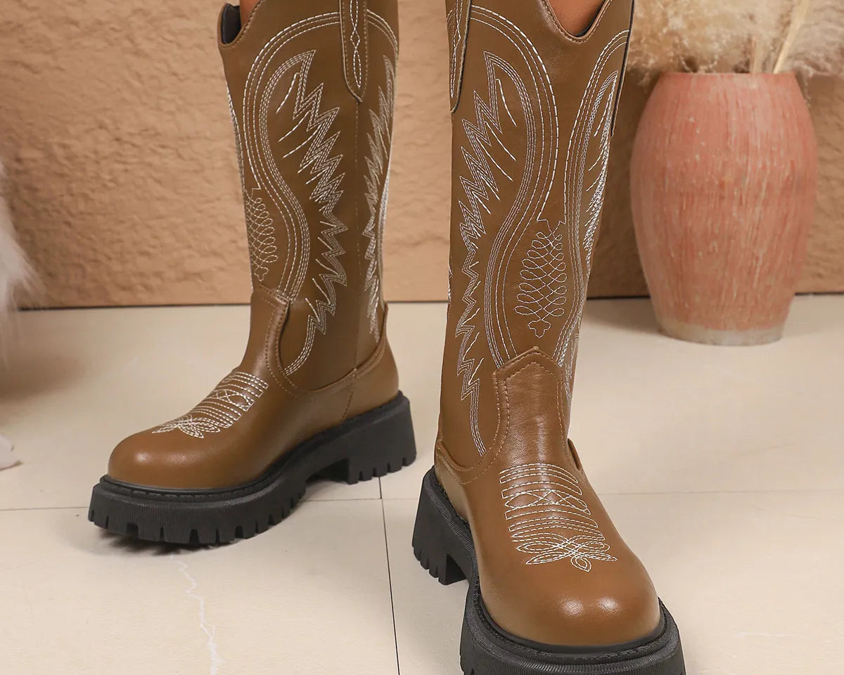 NEWYORKLISTED SHOE COLLECTION: Round Toe Block Heels Boots: Brown cowboy boots with detailed stitching on a light background